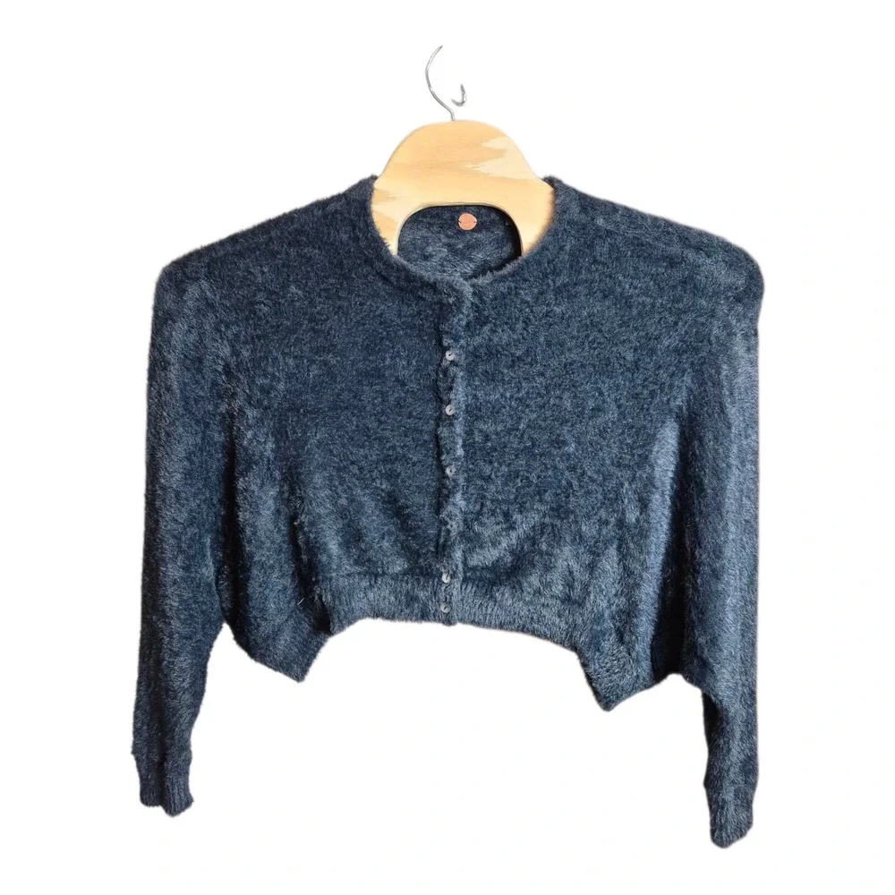 Free People FP ONE Wyatt Cardi Soft Fuzzy Button Down Cardigan‎ Black Women's M